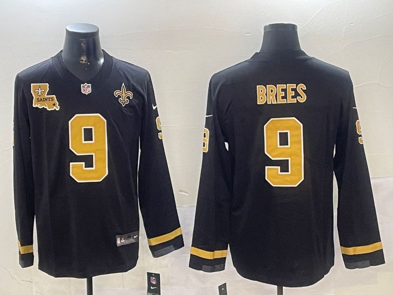 Men New Orleans Saints #9 Brees Black long sleeve 2024 Nike NFL Jersey style 01041